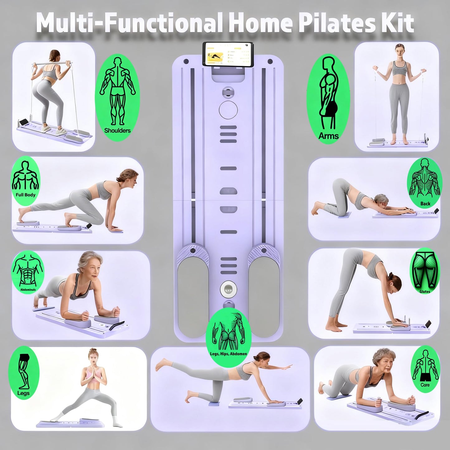 Exhilppy Pilates Board with Phone Holder and Timer, Portable Pilates Reformer, 8-in-1 Multi-Functional Foldable Pilates Reformer Board Set