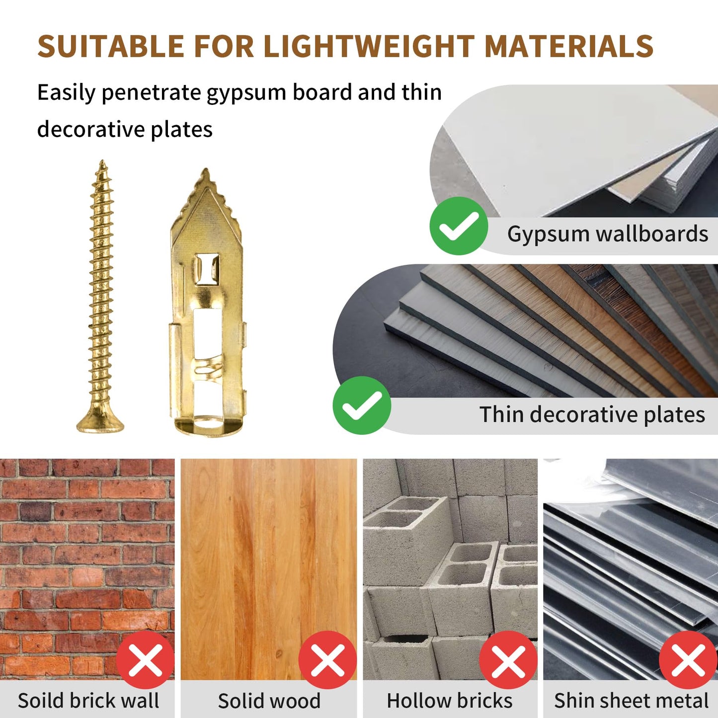 65 Set Drywall Self Drilling Anchors with Screws, Heavy Duty Wall Fasteners for Hanging for Brick, Stucco, Wood, No Drill Needed,0.47"x1.57"