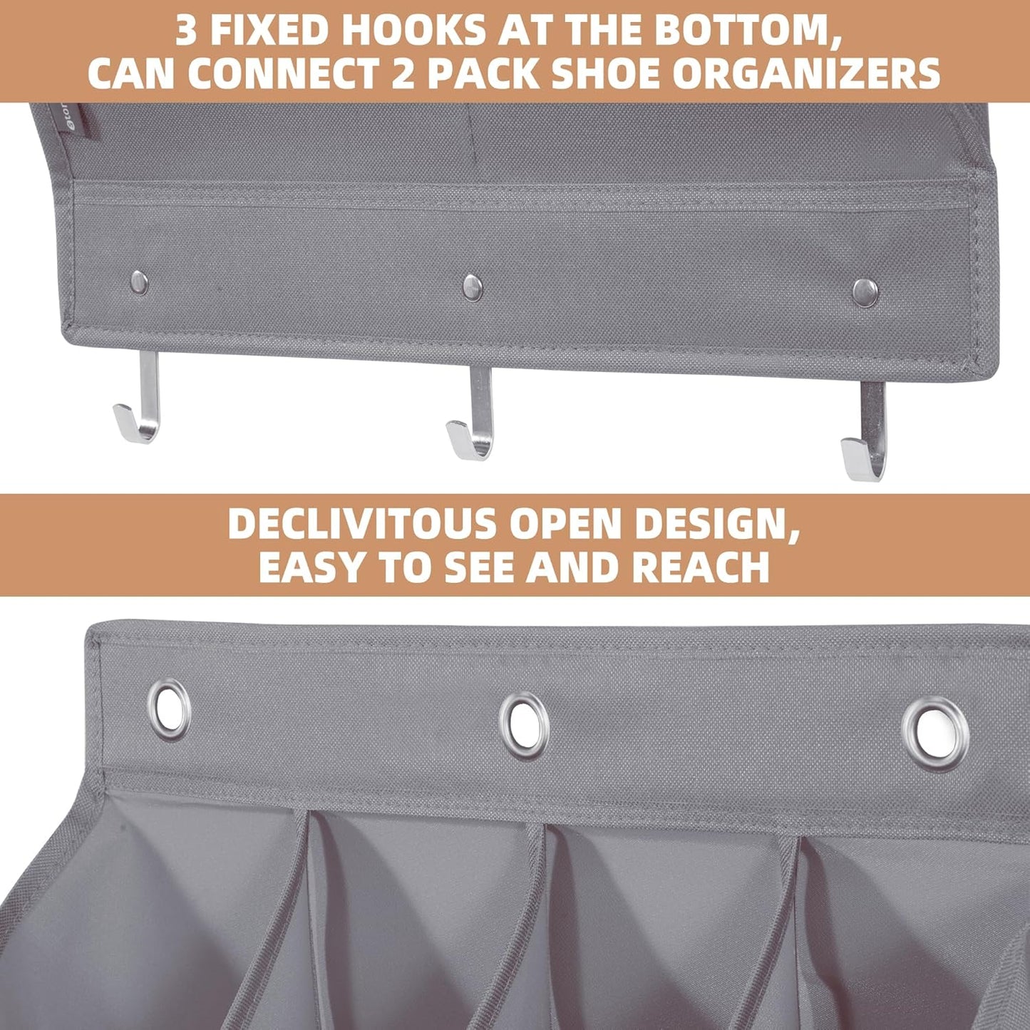 Storage Maniac Over Door Shoe Organizers - 2 Pack with 12 Large Pockets for Efficient Closet Storage | Grey