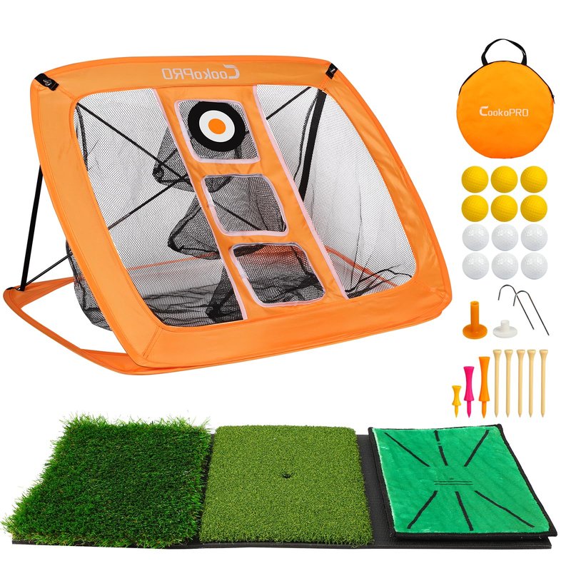 CookoPRO Golf Chipping Net Set,Pop Up Net with Durable Rubber Training Mat,10 Golf Tees,6 Practice Balls,6 Foam Balls and Carry Bag for Indoor & Outdoor Game