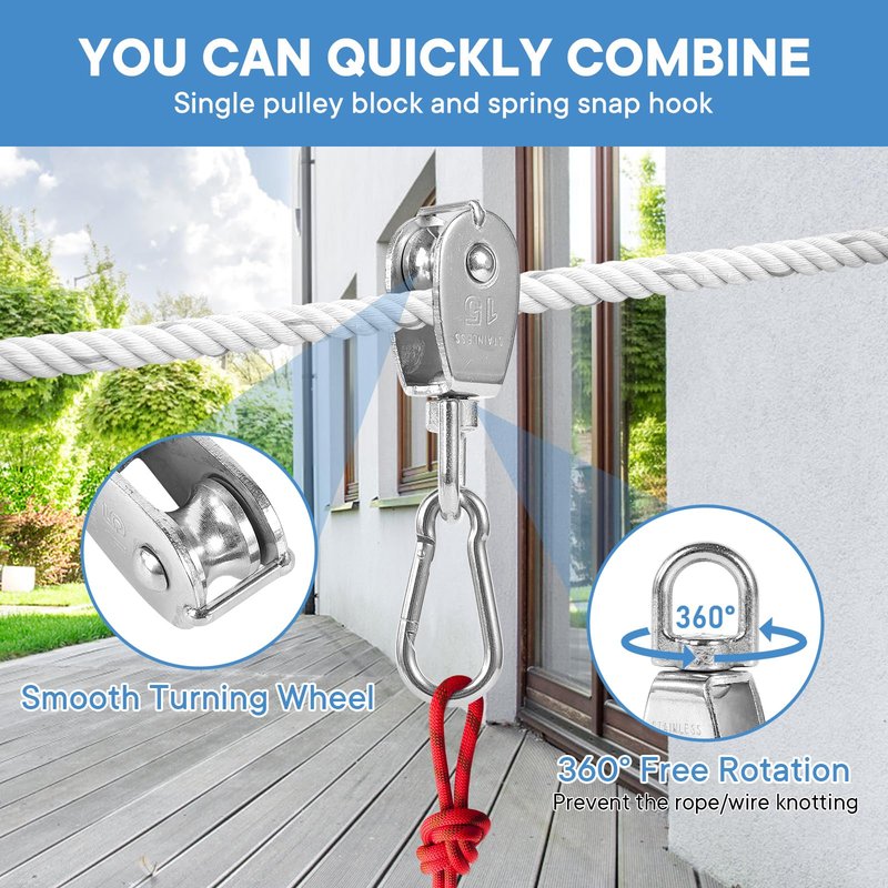 6Pcs 304 Stainless Steel M15 Single Pulley Block, Wire Rope Hanging Wire Towing Wheel, with 6Pcs Spring Snap Hook