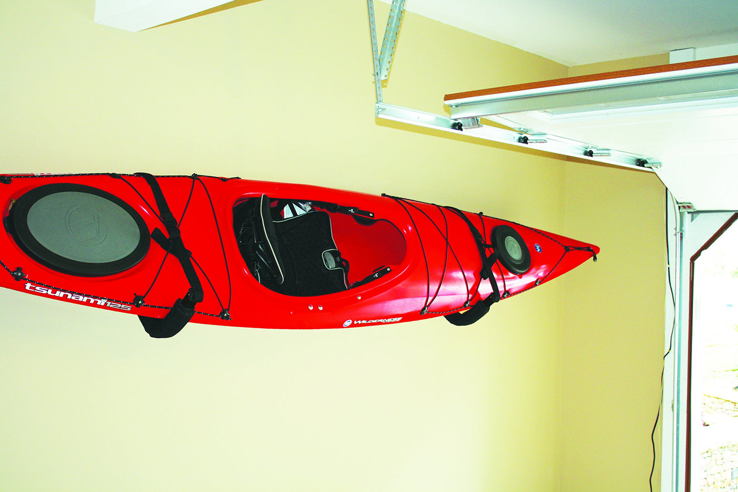 Suspenz EZ Kayak Storage Rack, Indoor & Outdoor Wall Mounts for Kayaks & SUP Paddle Boards, Powder-Coated Steel with Foam Pads & Safety Straps, Holds up to 125 lbs, Black (12-9903)