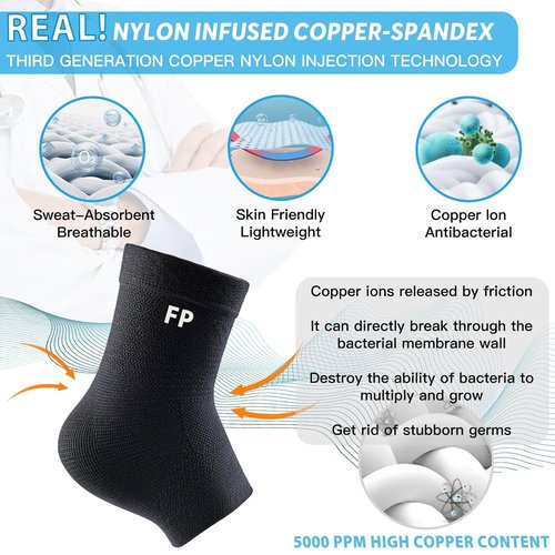 Copper Ankle Brace by Skiennix | 2-Pack Compression Sleeves for Sprains & Plantar Fasciitis - Black, Large