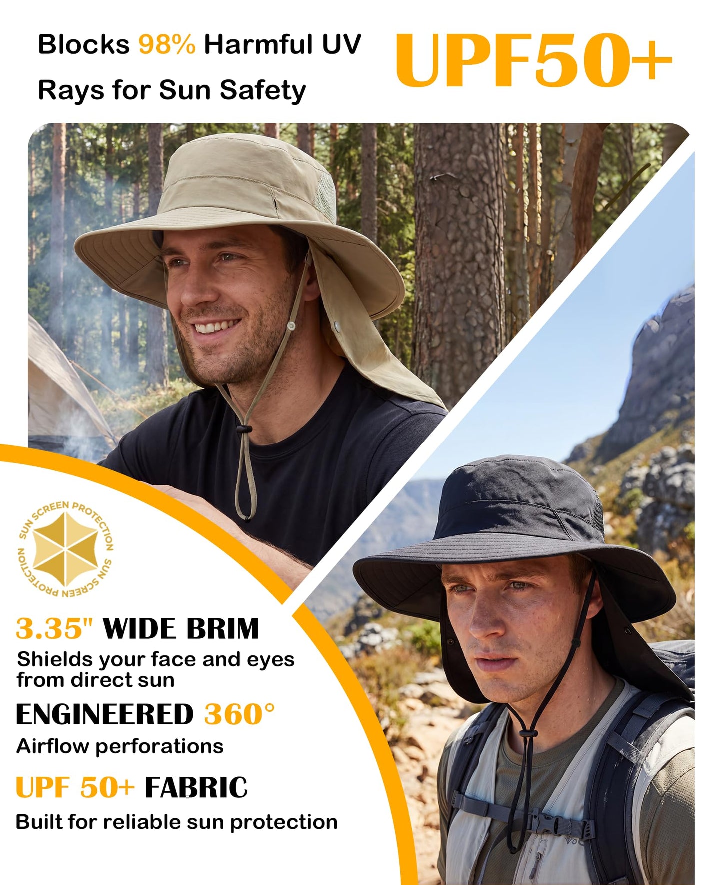 Home Prefer UPF 50+ Sun Hats for Men Women Wide Brim Fishing Hat with Neck Flap Summer Safari UV Protection Bucket Hat Light Vert Khaki