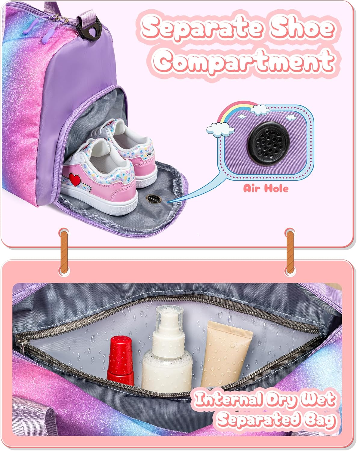 Skiennix Personalized Gym Bag for Girls - Stylish Weekender with Shoe Compartment & Makeup Pouch | Ages 4-11, Letter A