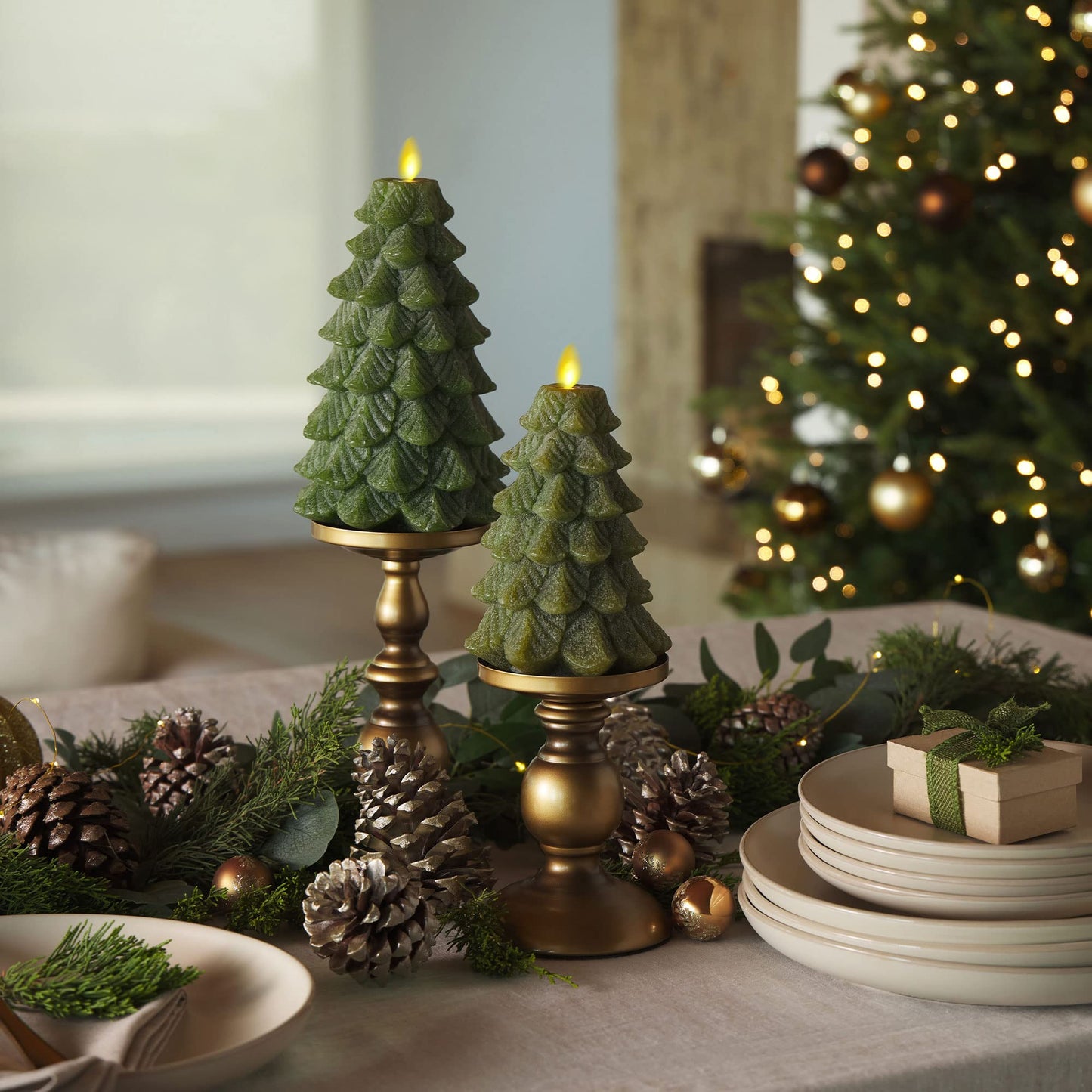 Luminara Christmas Tree Flameless Candle Glitter and Snow Finish Moving Flame Effect LED Candle, Timer, Remote Ready, Holiday Decoration (5.35" x 8.5", Chalky)