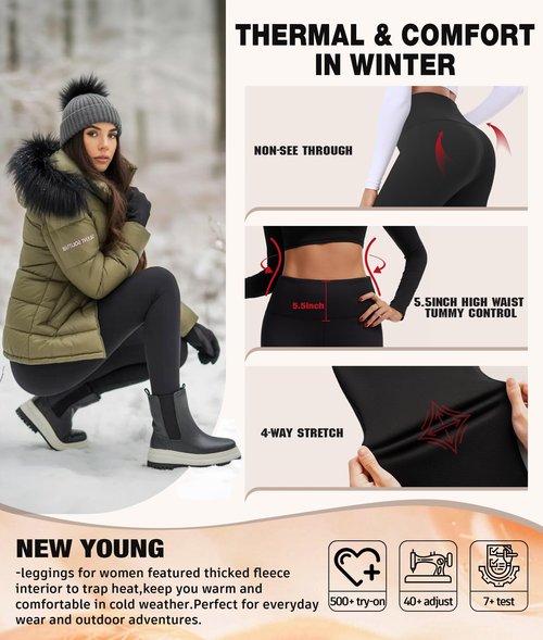 NEW YOUNG Thick Fleece Lined Leggings Women-High Waisted Winter Thermal Warm Yoga Pants Tummy Control