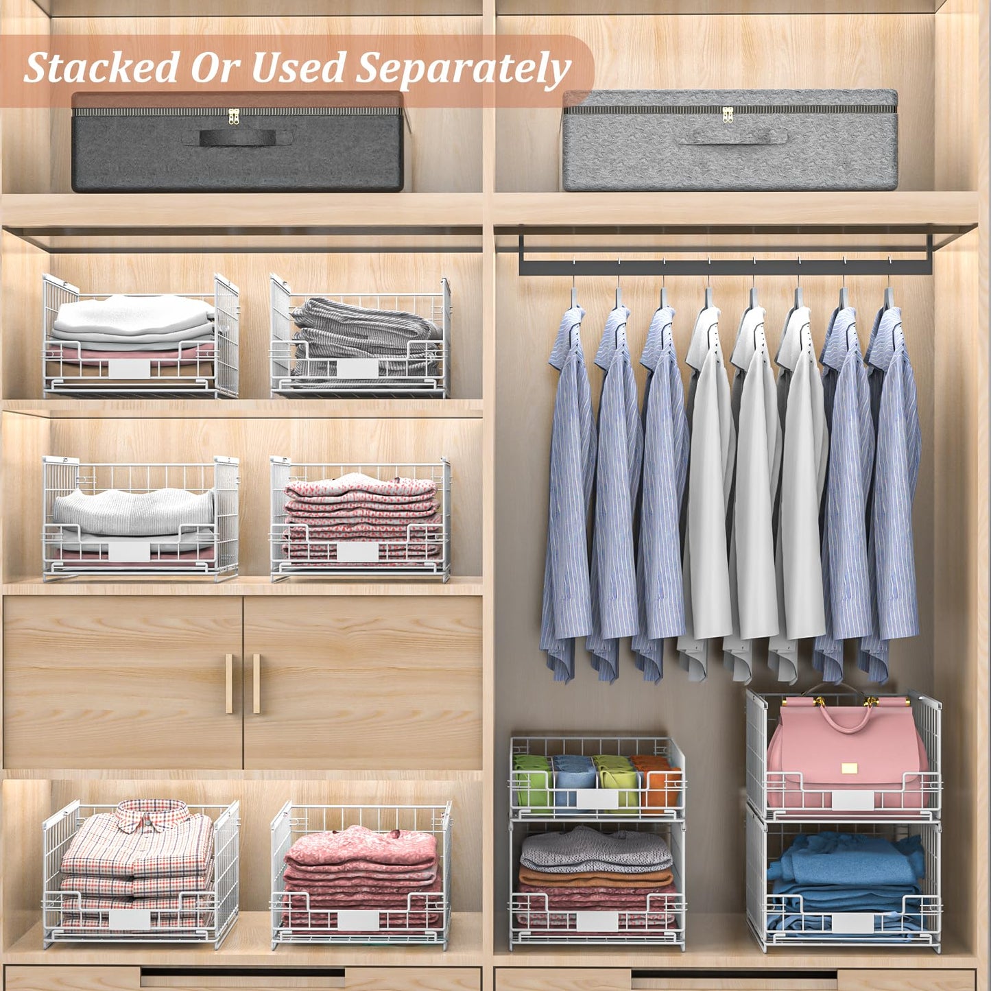 4 Pack Sliding Closet Organizers and Storage, Stackable Closet Storage Shelves, Pull Out Clothes Storage Organizer Baskets/Containers/Drawers with Dividers for Wardrobe (White-Sturdy Wire Metal Frame)