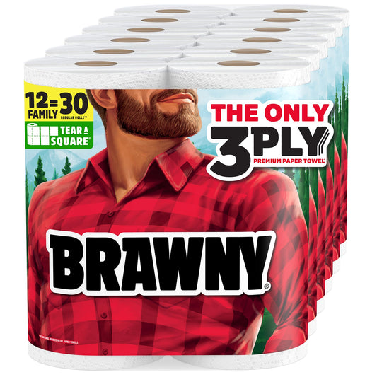 Brawny Tear-A-Square 3-Ply Paper Towels, 12 XL Family Rolls = 30 Regular Rolls, Strong, Absorbent, and Durable with 3 Sheet Sizes (Quarter, Half, Full)