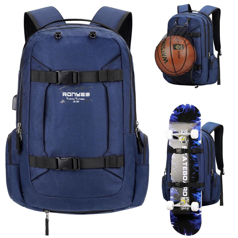 Ronyes Skateboard Backpack, Skateboard Bag,17.3 Inch Laptop Backpack with USB Charging Port, Basketball Longboard Backpack for Sports Travel Blue
