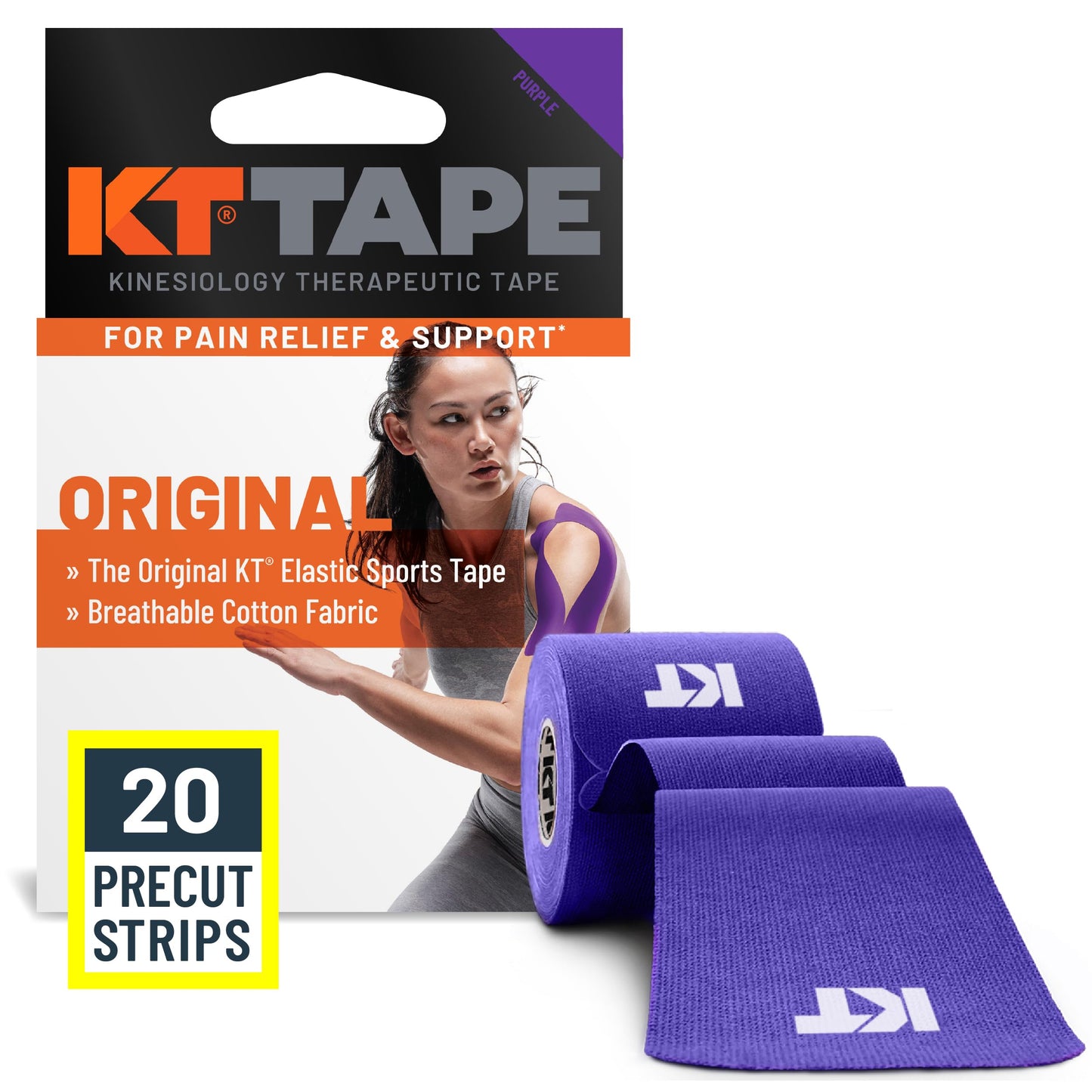 KT Tape, Original Cotton, Elastic Kinesiology Athletic Tape, 20 Count, 10” Precut Strips, Purple
