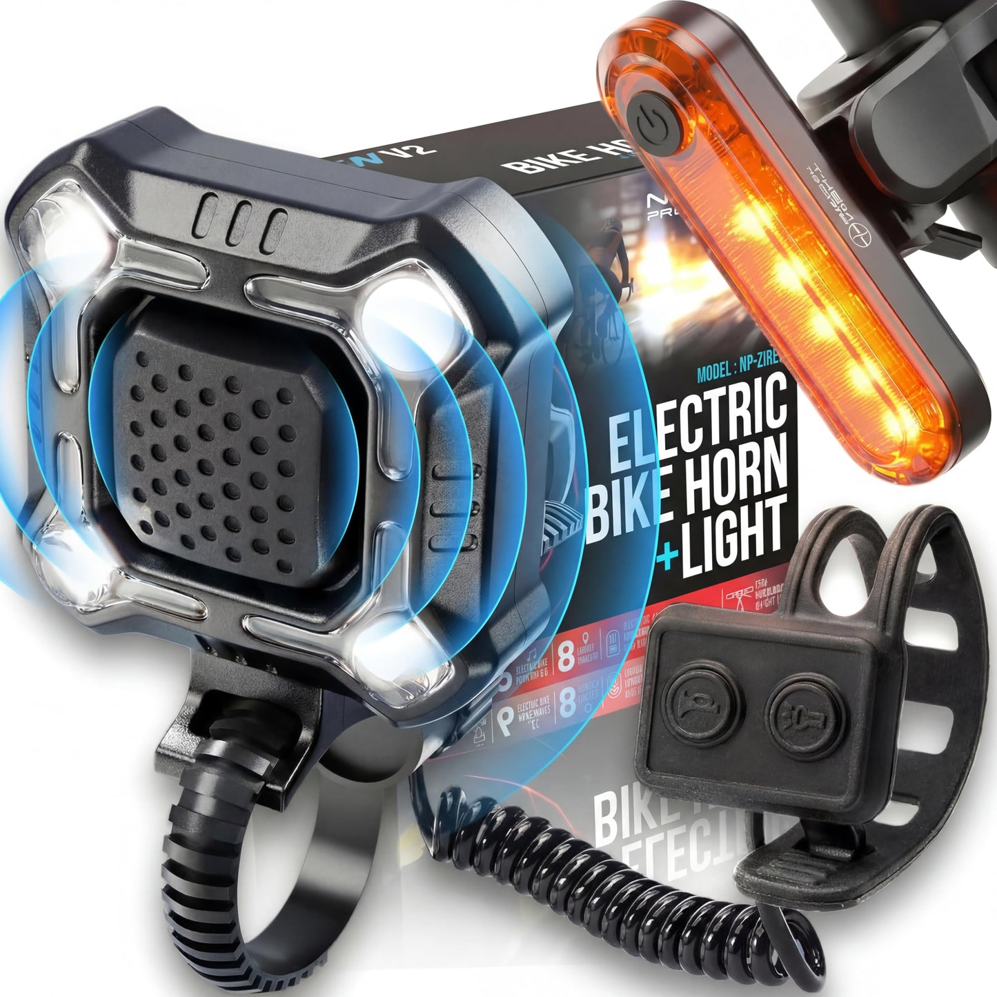[NEW V2] ZIREN 140dB Loud Bike Horn & LED Light, Loudest Electric Bicycle Horn, New V2 Control Switch, USB-C Rechargeable Horns + Bike Lights Front and Back Set for Adults Kids Scooter Ebike