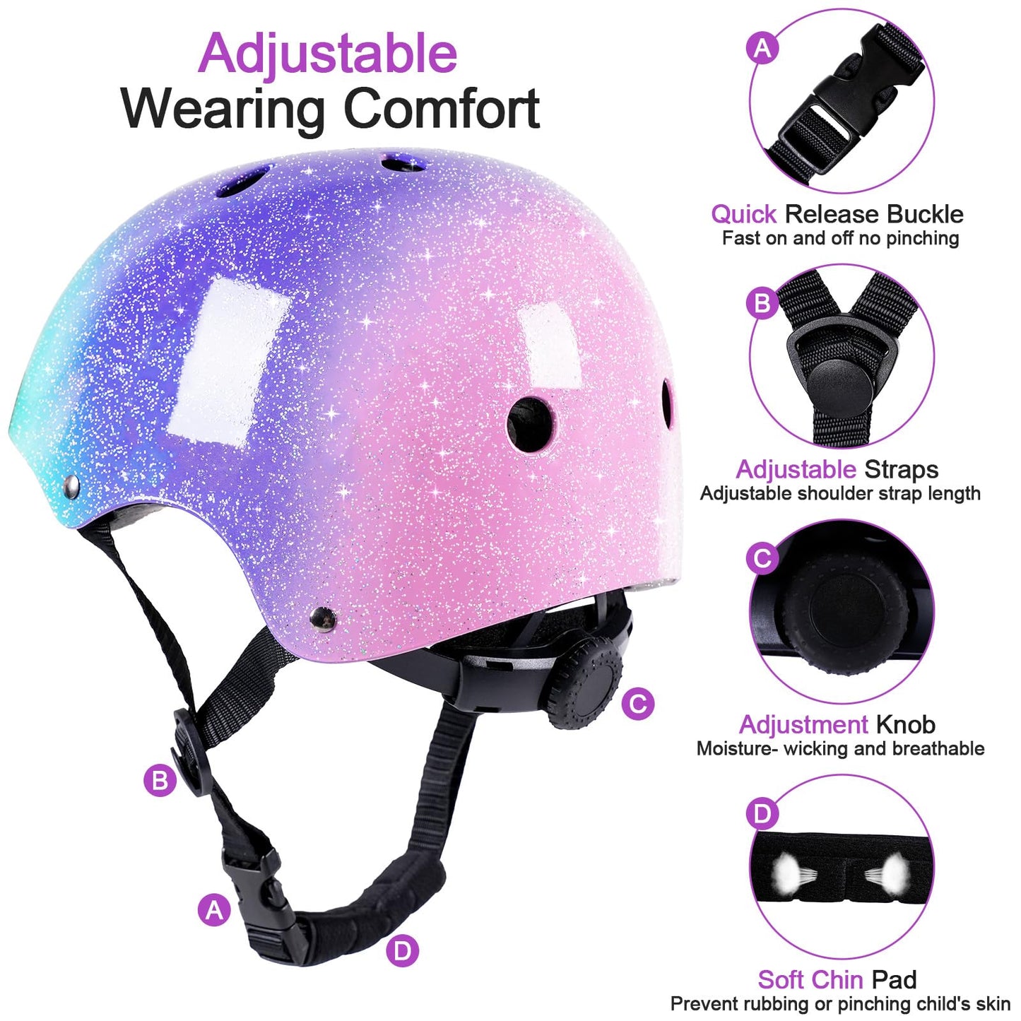 Kids Bike Helmet for 3-5-8-14 Years Kids Girls Boys Youth Bicycle Helmet for Scooter Balance Bike Roller Skating Skateboard Helmet (Greenpurplepink, Small)