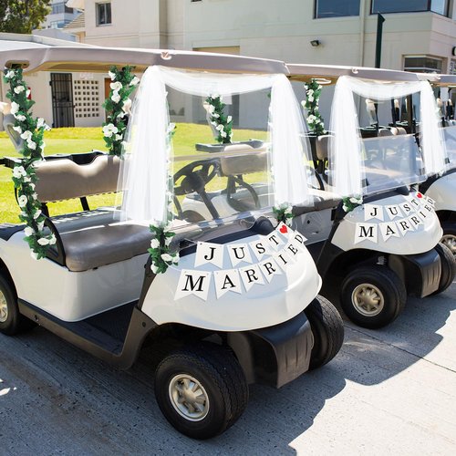 Janinka 5 Pcs Wedding Golf Cart Decorations 1 Just Married Sign Banner 2 Rose Garland 2 Gauze Draping Fabric for Golf Cart Car Decorations Accessories Wedding Party Anniversary Honeymoon Favor Gifts
