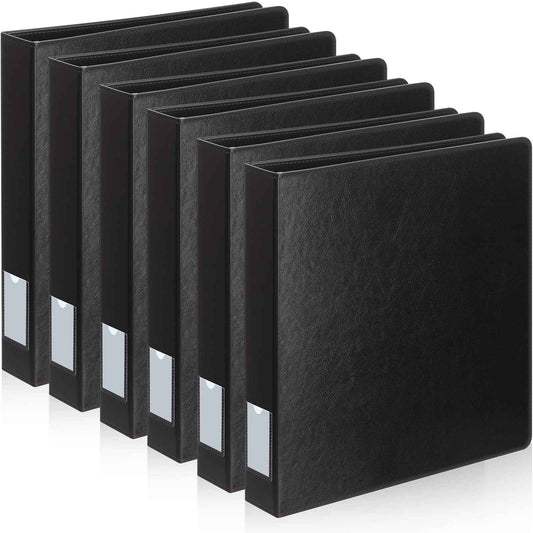 Fulmoon 6 Pcs Leather 3 Ring Binder, 1.5 Inch Vintage Hardback Round Ring Binder with 2 Inner Pockets & Spine Label Holder, Letter Size Professional Executive Portfolio for Office Home School(Black)