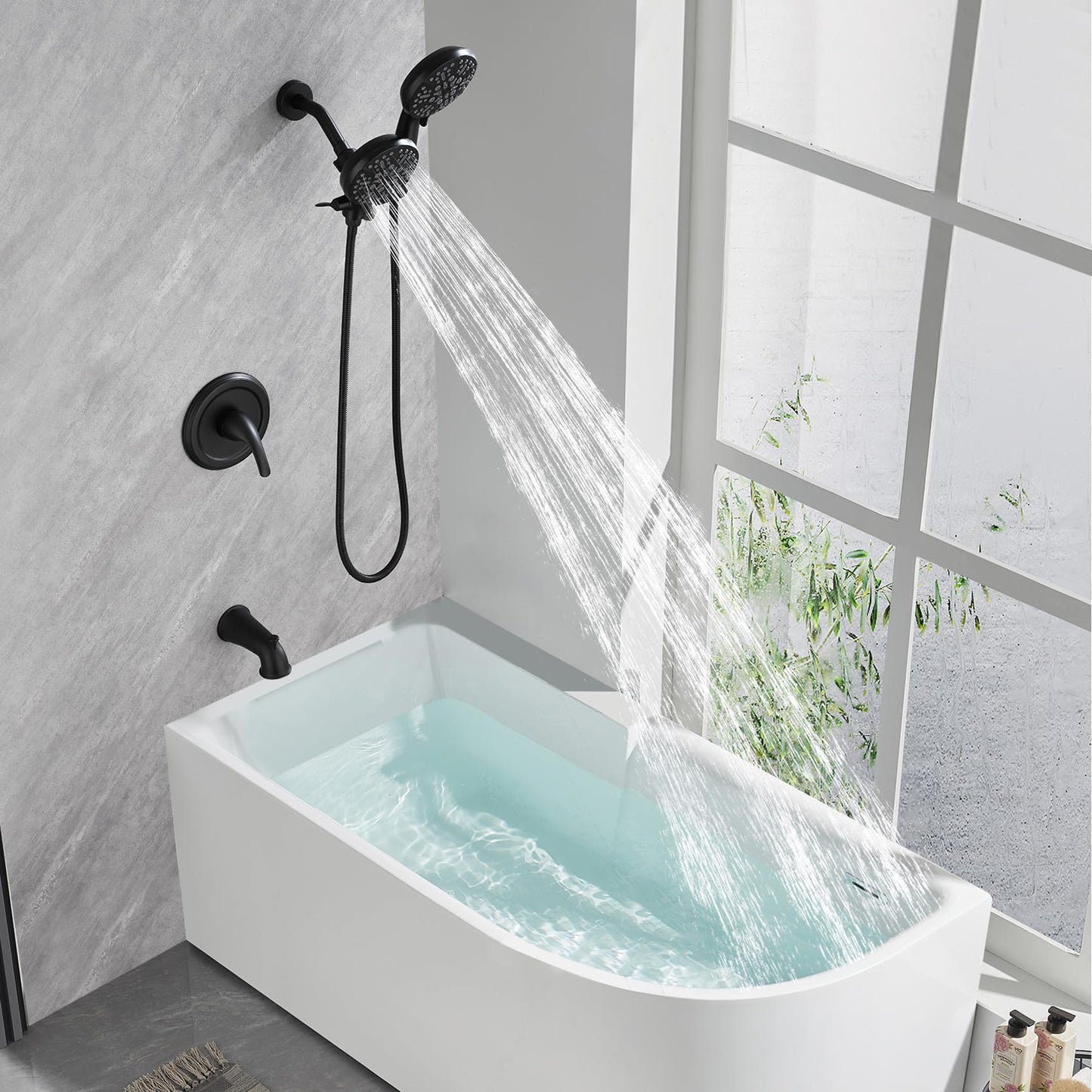 Taplong Tub Shower Faucet Set with Valve,Dual Shower Head and Handheld 2 in 1 Combo Set 3-Way Diverter Tub and Shower Faucet Combo High Pressure Shower Trim Kit,Matte Black,TP038