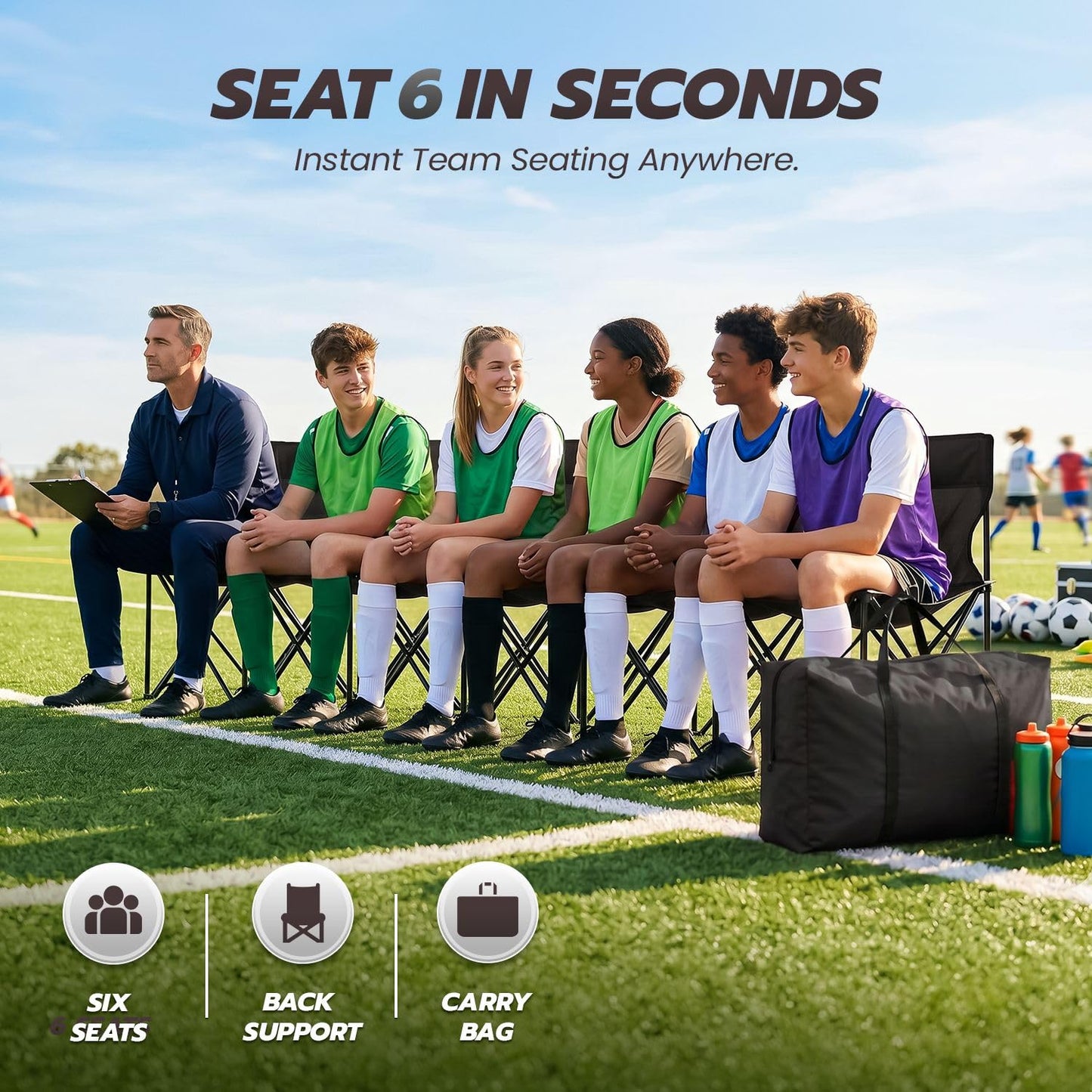 Flexzion Portable Folding Bench Seat, 6 Seater, Collapsible Soccer Bench, Portable Bench Seats for Bleachers, Camping, Sideline, with Back Rest and Carrying Bag, Black