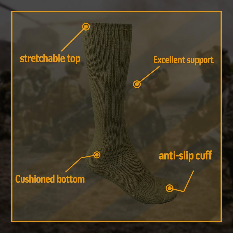 Diamond Star Men's Military Boot Socks – Quick-Dry Cotton Crew Socks for Army, Firefighters, Police, Hiking & Trekking Pack 6 Pairs Green (10-13).