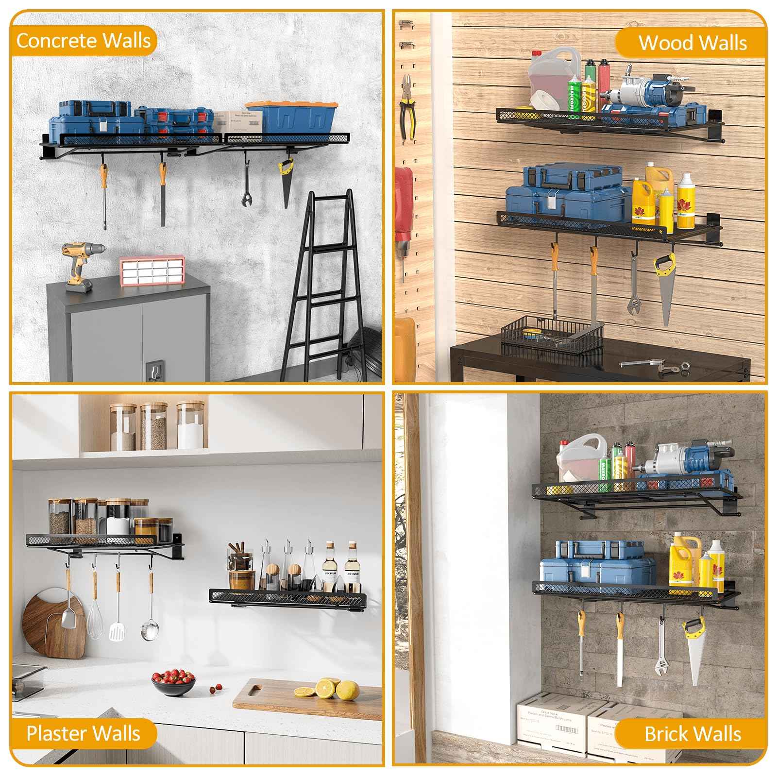 BABKAS Garage Wall Shelving, Metal Garage Wall Shelf with 2 Hooks, Heavy Duty Wall Shelves Mounted for Garage Storage, Laundry Room, Closet and Kitchen | Holds Up to 80 Lbs | 16.5" x 12.2"