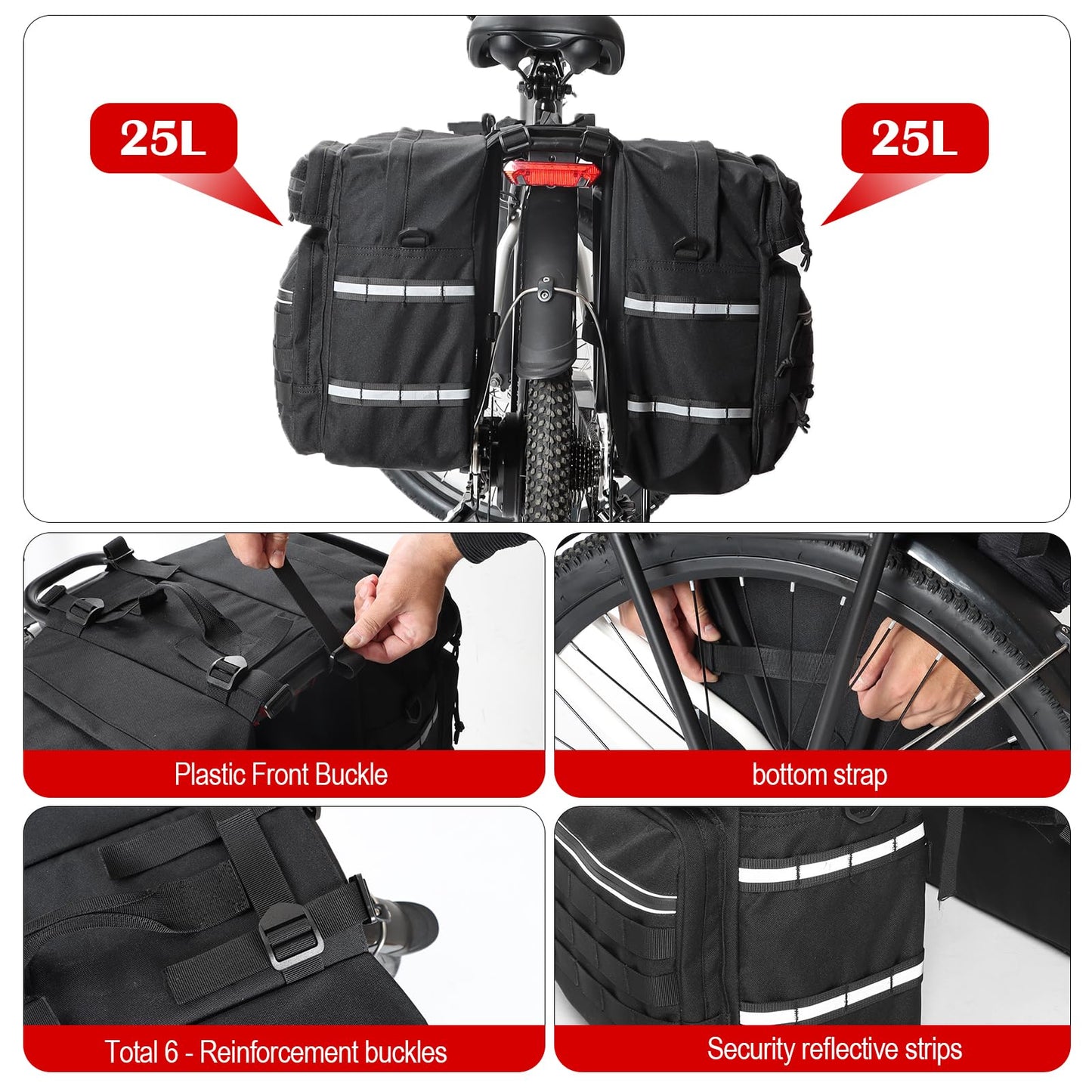 Axiniu Bike Panniers Bag 50L Bicycle Panniers for Rear Rack with Waterproof Rain Cover, Ebike Saddle Bags, Bike Rack Bag, Saddlebags for Bikes, Black Large Capacity Reflective Strip