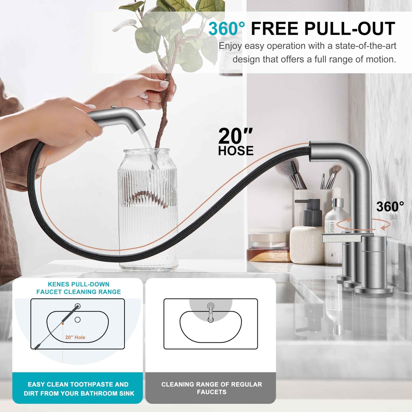 KENES Widespread Bathroom Faucet with Sprayer, Brushed Nickel Bathroom Sink Faucet with Pull Down Sprayer, 8 Inch 3 Hole Pull Out Bathroom Faucet with Pop Up Drain & Supply Lines LJ-9058A