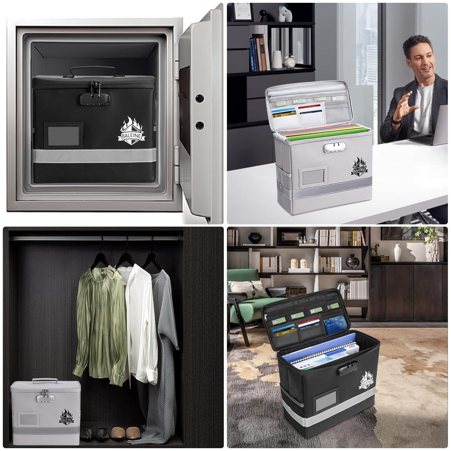 BALEINE Fireproof Document Box with Lock, Portable Fireproof Document Bag Waterproof Fire Proof File Boxes for Documents, File Organizer Box for Important Paperwork (Silver, 12.5''x10.5''x6'')