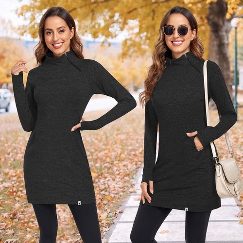 Soneven Women's Fleece Dress Mock Neck Running Thermal Tunic Sweatshirts Dresses with Thumb Holes Winter Skiing Athletic Quarter Zip Pullover