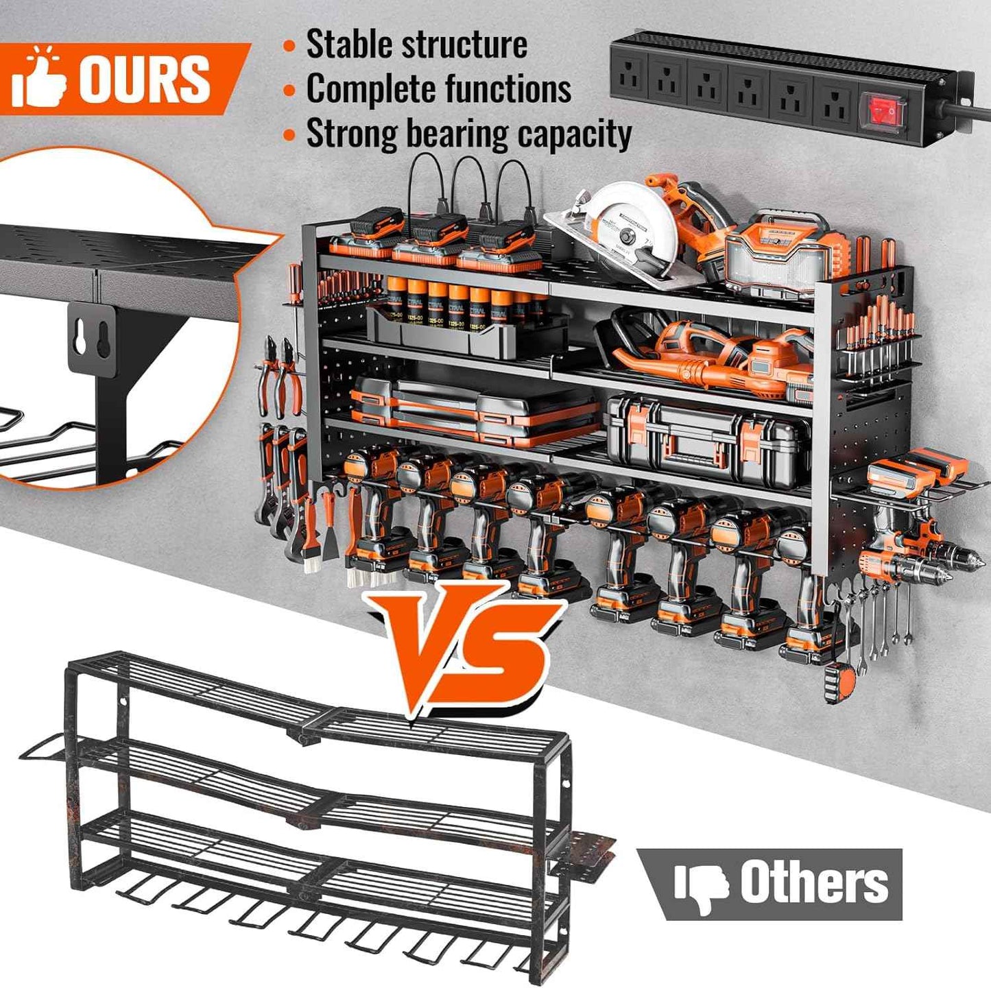 Heavy Duty Wall Mount Power Tool Organizer with Charging Station & 10 Drill Holders