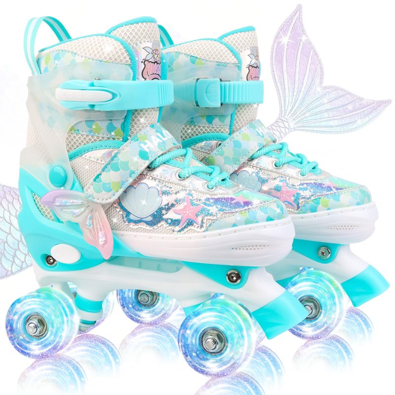 HALOSK Mermaid Roller Skates for Kids Girls Boys, 4 Size Adjustable Quad Skates with 8 Wheels Light up Fish Scale Design for Beginner Ages 3-12
