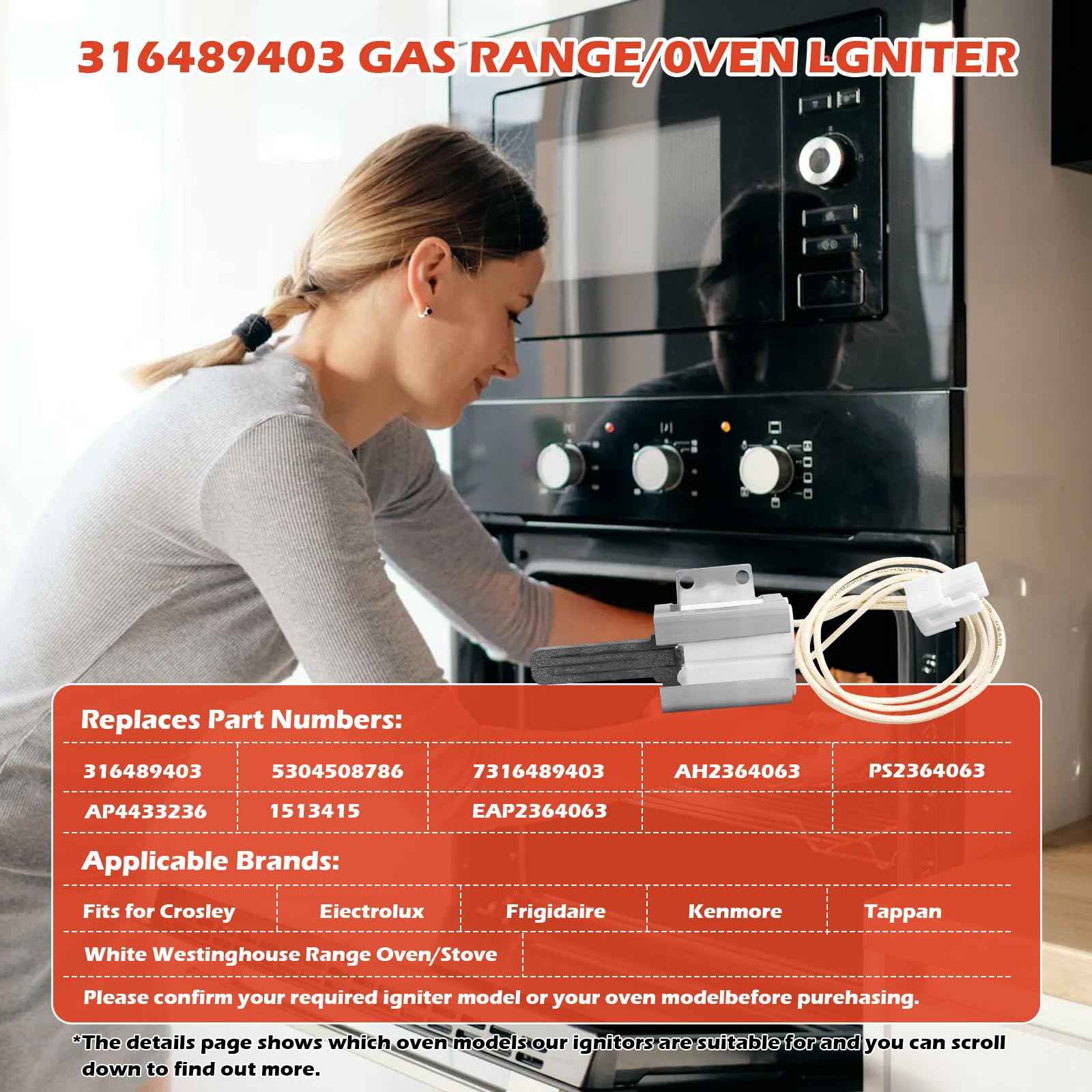 316489403 5304508786 Oven Igniter Gas Range Lower Bake Igniter Replacement for Kenmore Crosley Frigidaire Gas Oven/Stove Replace 7316489403 AP4433236 PS2364063 (1 PACK)