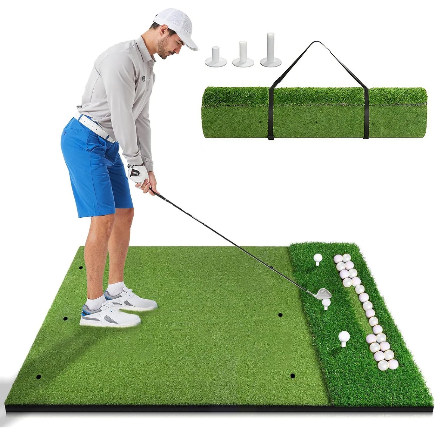 GSK Dual Turf Golf Hitting Mat 5x4FT with Ball Tray Holds 15-20 Balls Practice 45mm Thick Training Pad Driving Chipping Grass EVA Base Swing Rollable Portable Indoor Backyard Outdoor Simulator Use