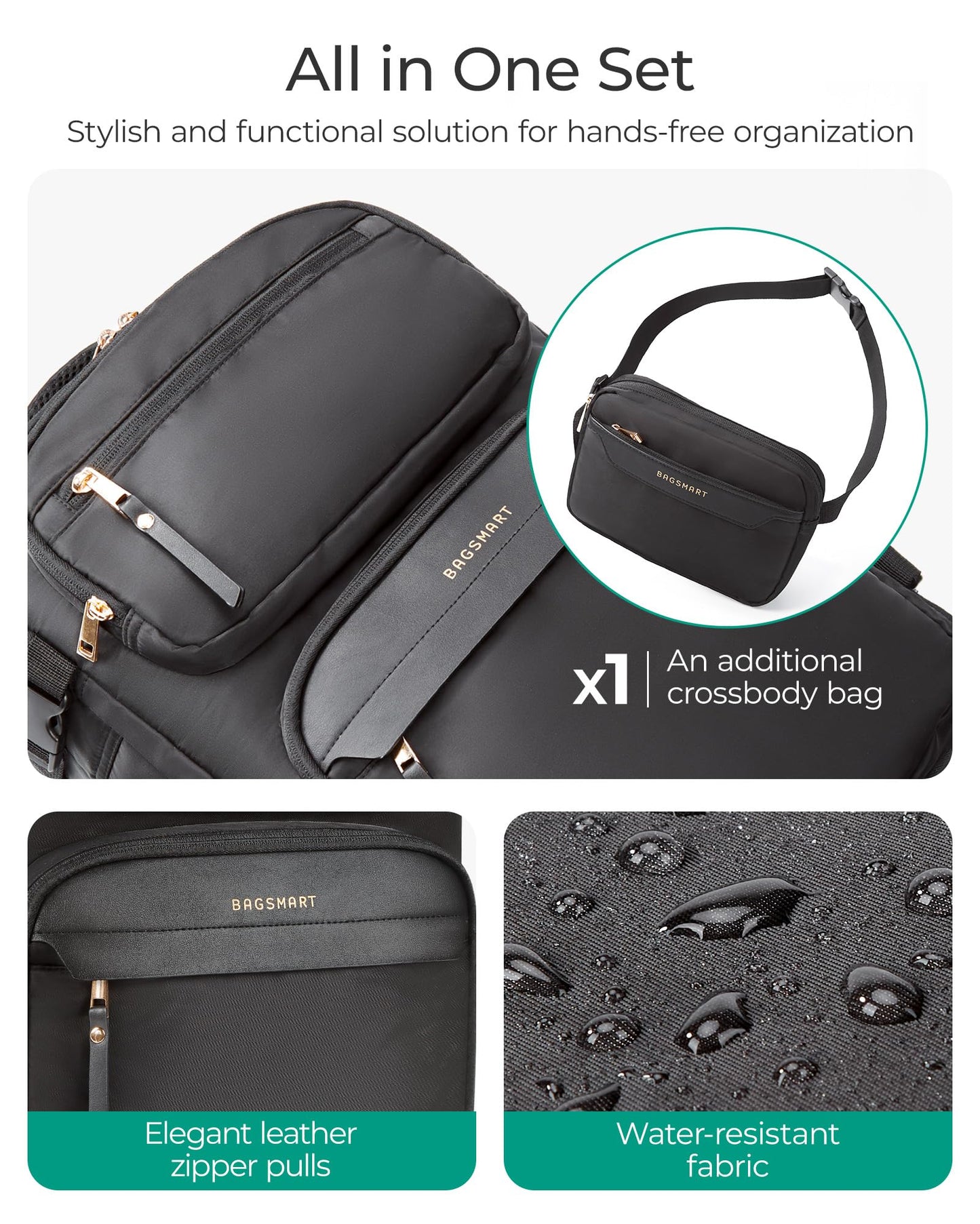 BAGSMART Womens Backpack Carry On Flight Approved, Travel Backpack for Women with Waist Bag, Traveling Lightweight Weekender Casual Daypack 17.3" Laptop Work Back pack Personal Item Travel Bag, Black