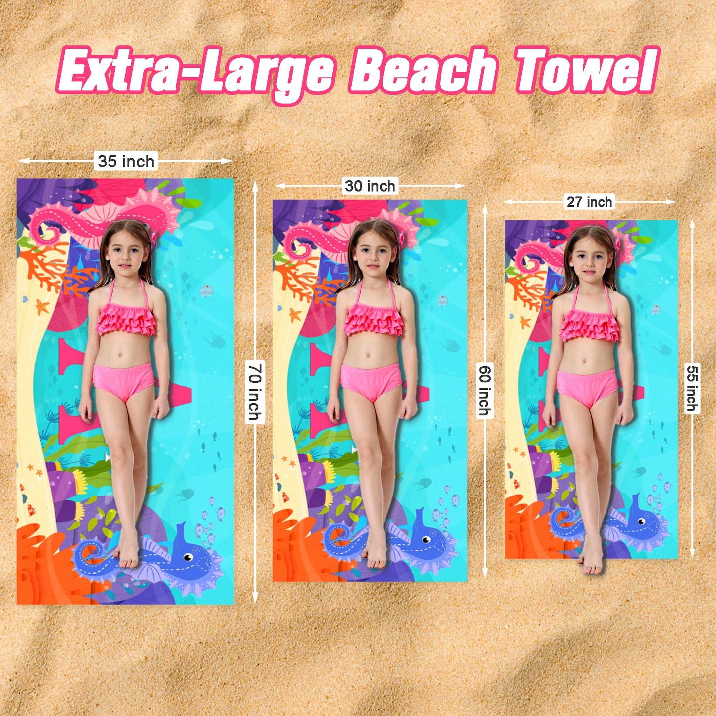 WNNNS Personalized Beach Towels for Kids, Kids Beach Towel with Name for Boys Girls Oversized Quick Dry Sand Free Soft Cotton/Poly Blend Bath Pool Swim Towel for Vacation Customized Summer Travel Gift