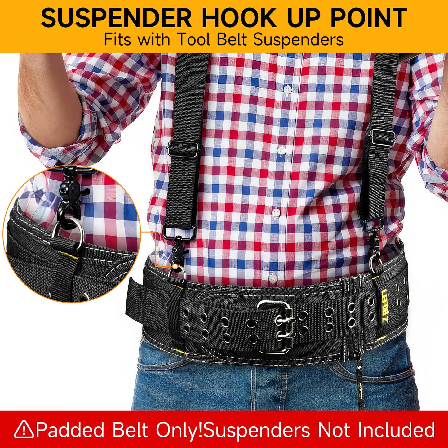 4-Inch Padded Tool Belt,Heavy Duty Tool Belts for Men with 4 Suspenders Ring,Work Belts for Electrician,Carpenter,Construction,Utility Belt,Adjustable 34''-40''(Pouch not Included)