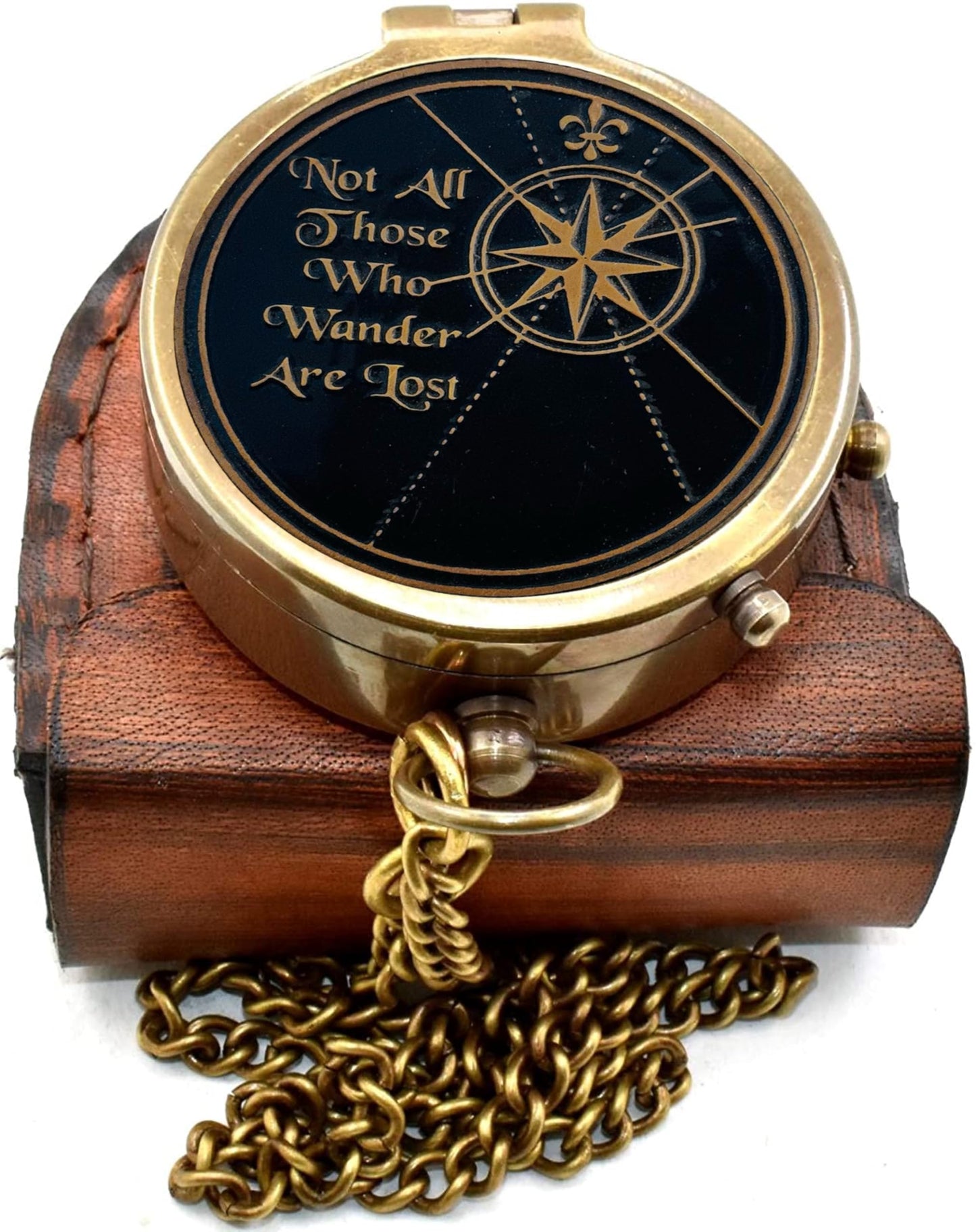 Vintage Brass Compass Not All Those Who Wander are Lost, Engraved Antique Pocket Compass with Leather Case, Inspirational Graduation Gift for Men, Hiking Camping Navigation Nautical Compass