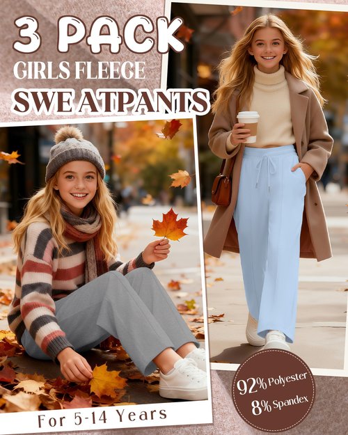 LessonZoo Girl's Fleece Lined Sweatpants, Wide Leg High Elastic Waist Jogger Straight Leg Baggy Drawstring Pants with Pockets(Blue, Gray, Black,9-10 Years)
