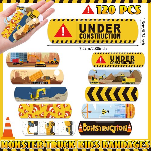 Panelee 120 Pcs Kids Dog Farm Animal Adhesive Bandages Monster Construction Trucks 20 Styles Puppy Cute Waterproof Breathable Bandages for Kids Girl Boy Children Toddler (Construction Trucks)