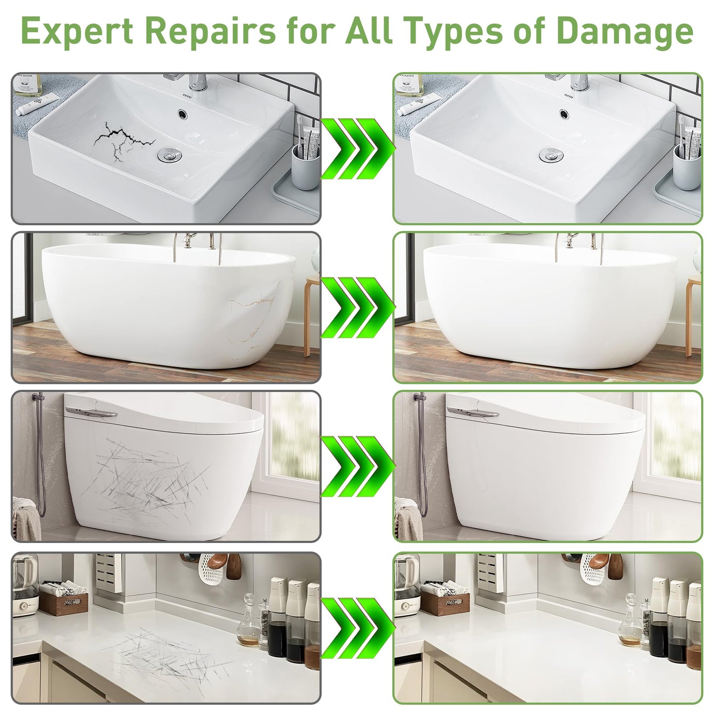 PIBEIBUK Surface Repair Kit for Tubs, Tiles, Countertops - Fixes Chips, Cracks, Scratches, Holes (Fiberglass, Porcelain, Stone, Acrylic)