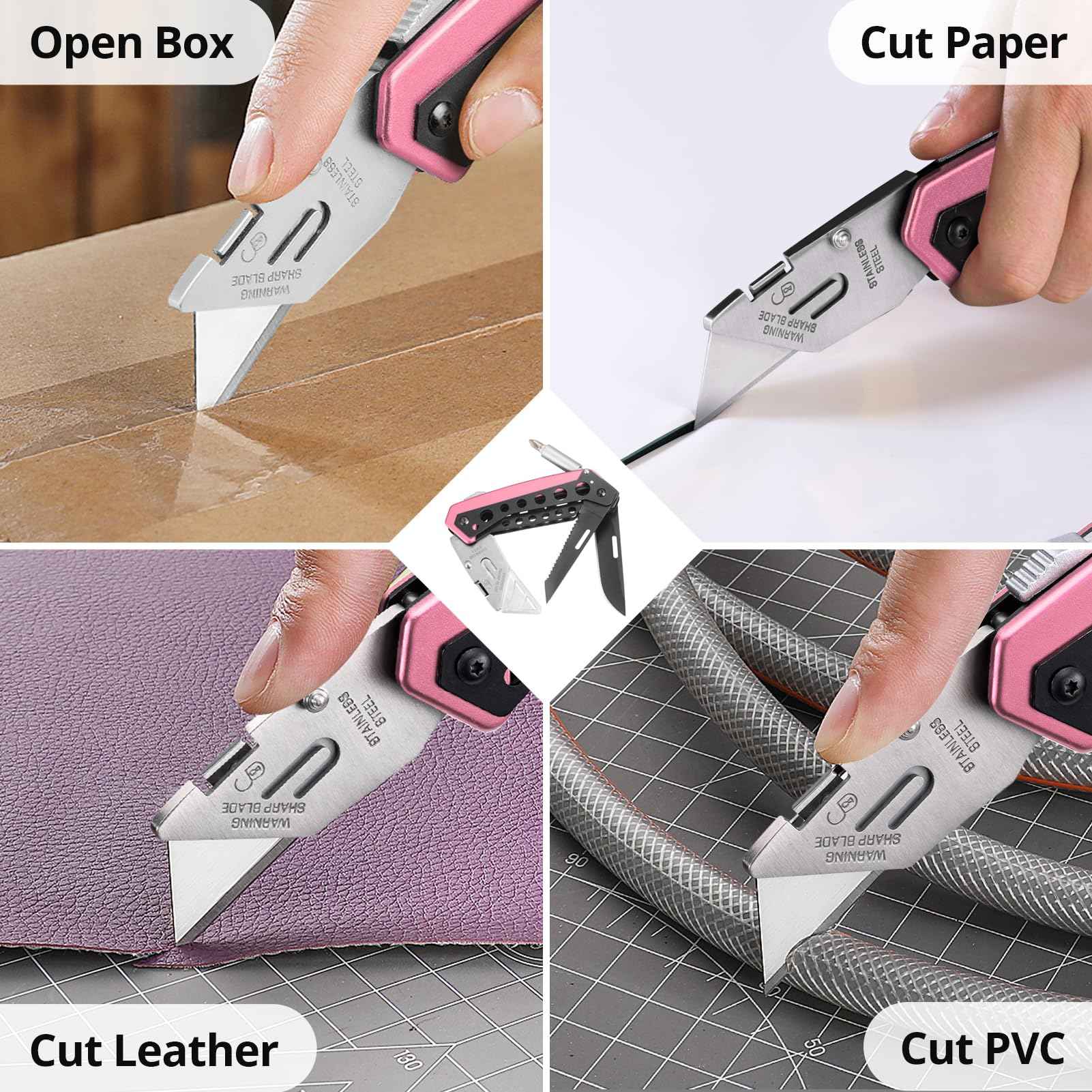 KAMBOLLY Pink Box Cutter Knife, Folding Utility Knife, 6 in 1 Razor Pocket Utility Knives Multitool with Clip, 5 Razor Blades, Screwdriver, Saw, Safe Lock, Work Knives, EDC Gadgets Gifts for Men Women