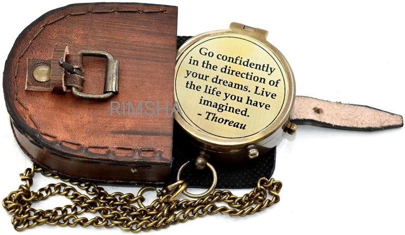 Thoreau's Quote Engraved Antique Nautical Directional Magnetic Compass with Leather Case - Go Confidently Brass Pocket Compass Baptism, Graduation, Christian Gifts for Men, First Confirmation Gift