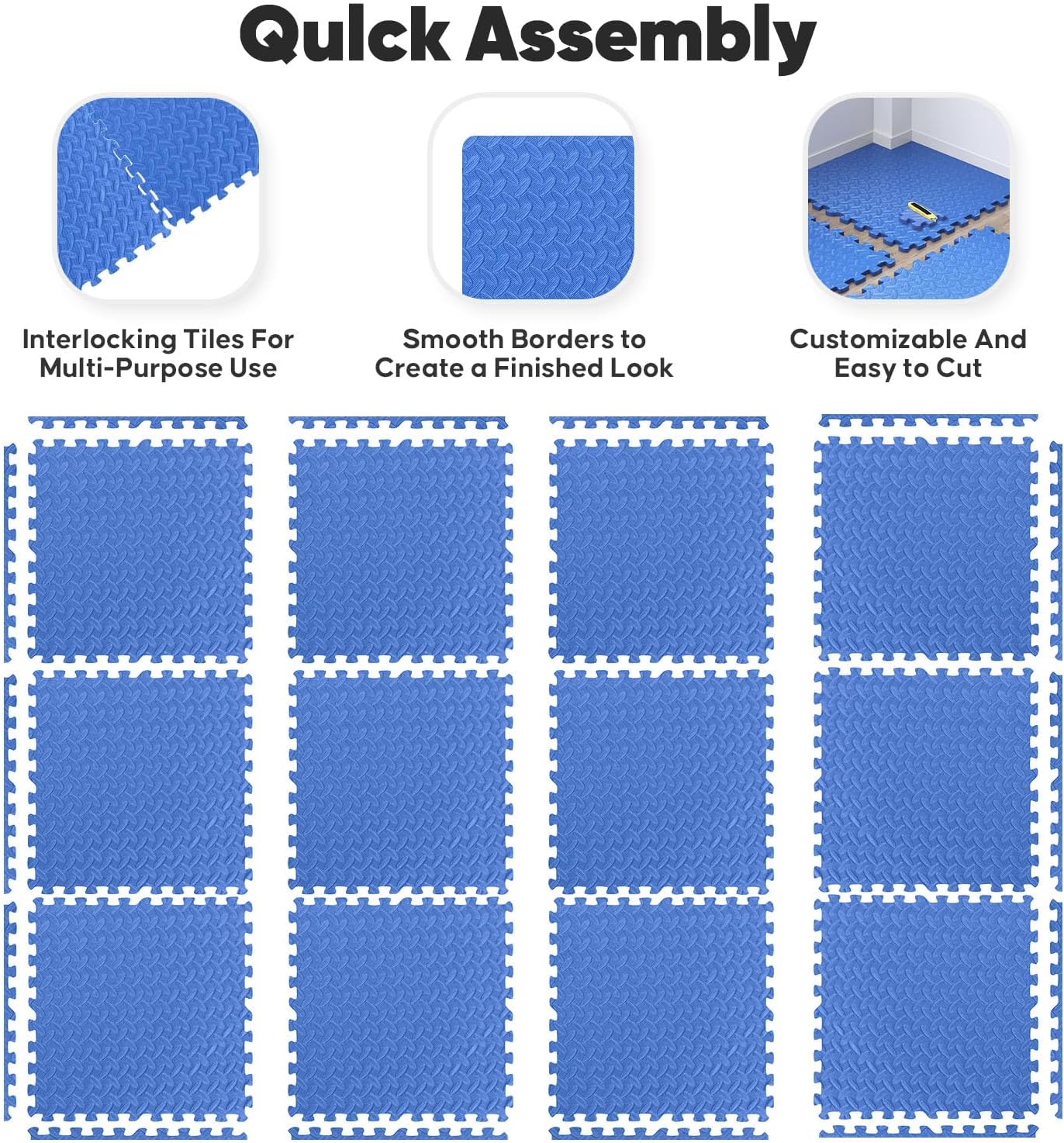 Puzzle Exercise Mat by Home Gym - EVA Interlocking Foam Tiles for Workouts & Play - Blue, 24x24 in, 16 Pack