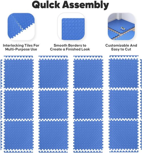 Home Gym Mat - Interlocking EVA Foam Exercise Tiles for Workouts & Play Areas | Blue, 24x24 in, 16 Tiles