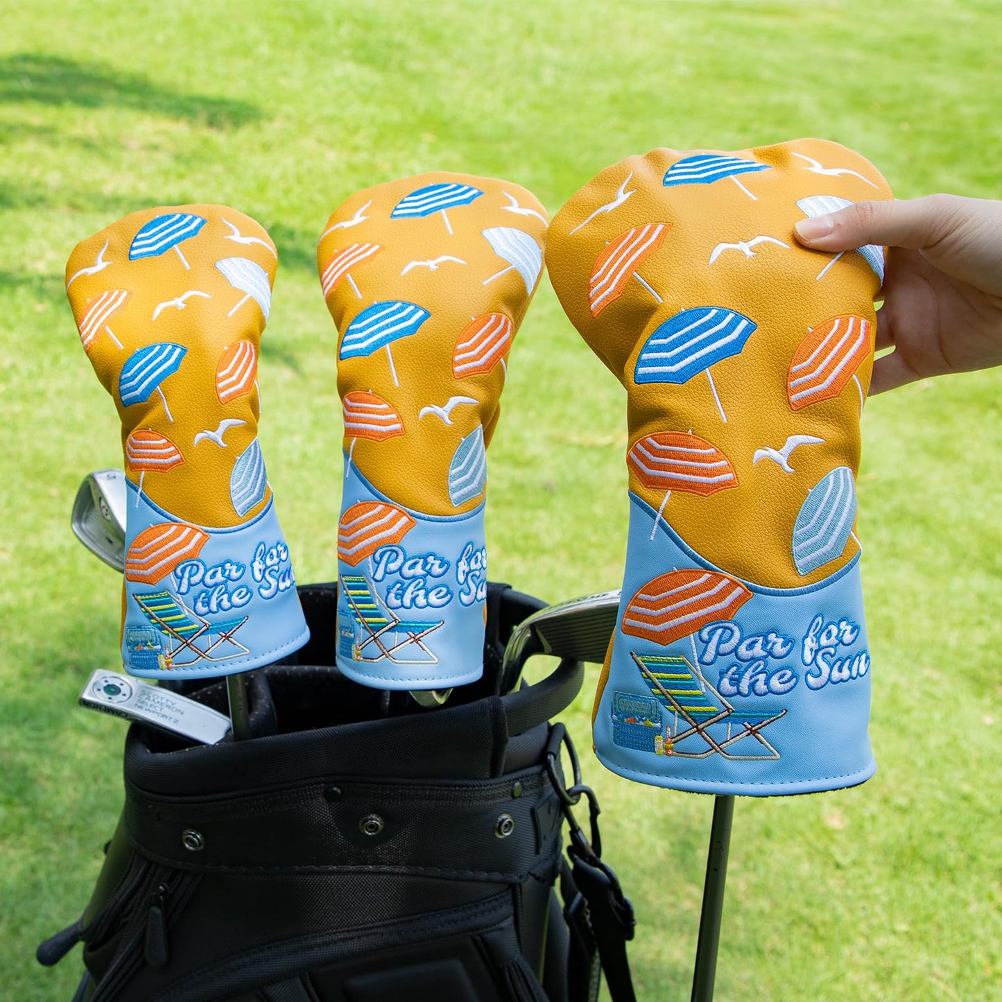 Golf Club Head Covers, Summer Beach Umbrellas Golf Driver Covers, Fairway Wood and Hybrid Head Covers with Interchangeable Tags, Premium PU Leather Golf Club Covers (Fairway)
