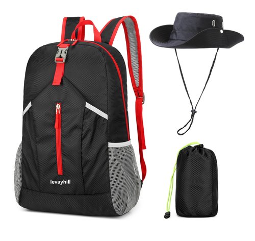 levayhill 25L Foldable Backpack & Bucket Hat 2 IN1 Combo, Lightweight packable Travel Set, Compact Daypack Sun Fisherman Hat (Black)