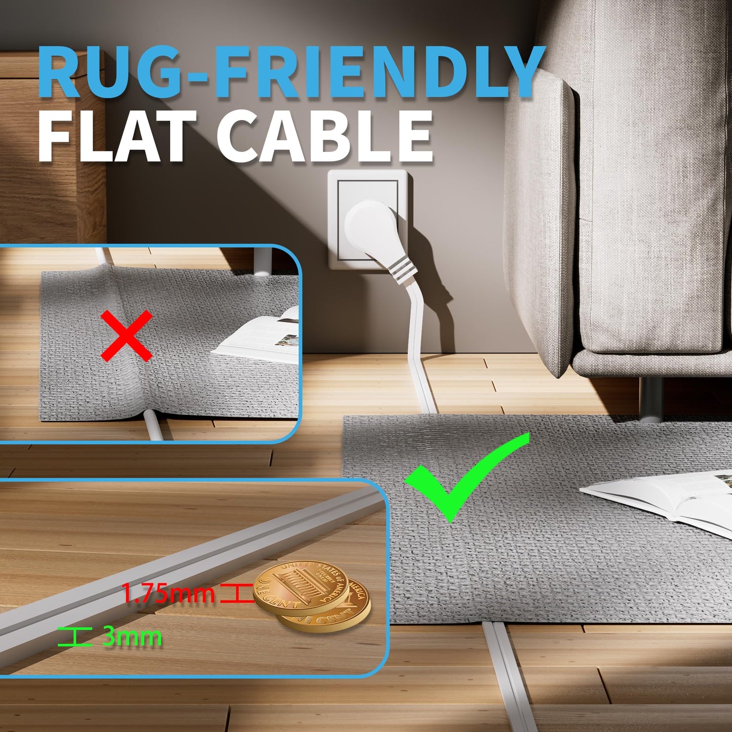 2 Prong Polarized Flat Plug Extension Cord 6 FT with Foot Switch for Floor Lamp NEMA 1-15 125V 6A Pedal On/Off Inline Push Switch Step On Power Cord for Holiday Christmas Light Tool Appliance-White