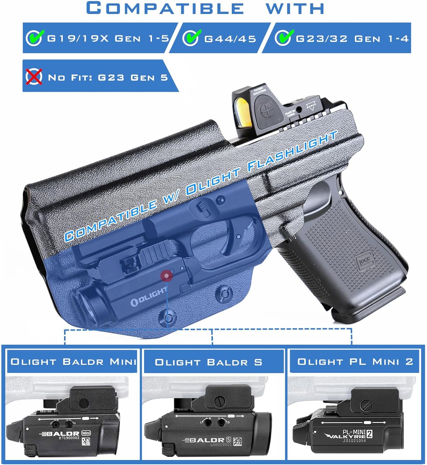 Skiennix IWB Kydex Holster for Glock 17/19/19X - Compatible with Olight Baldr S/MINI & Red Dot Optics