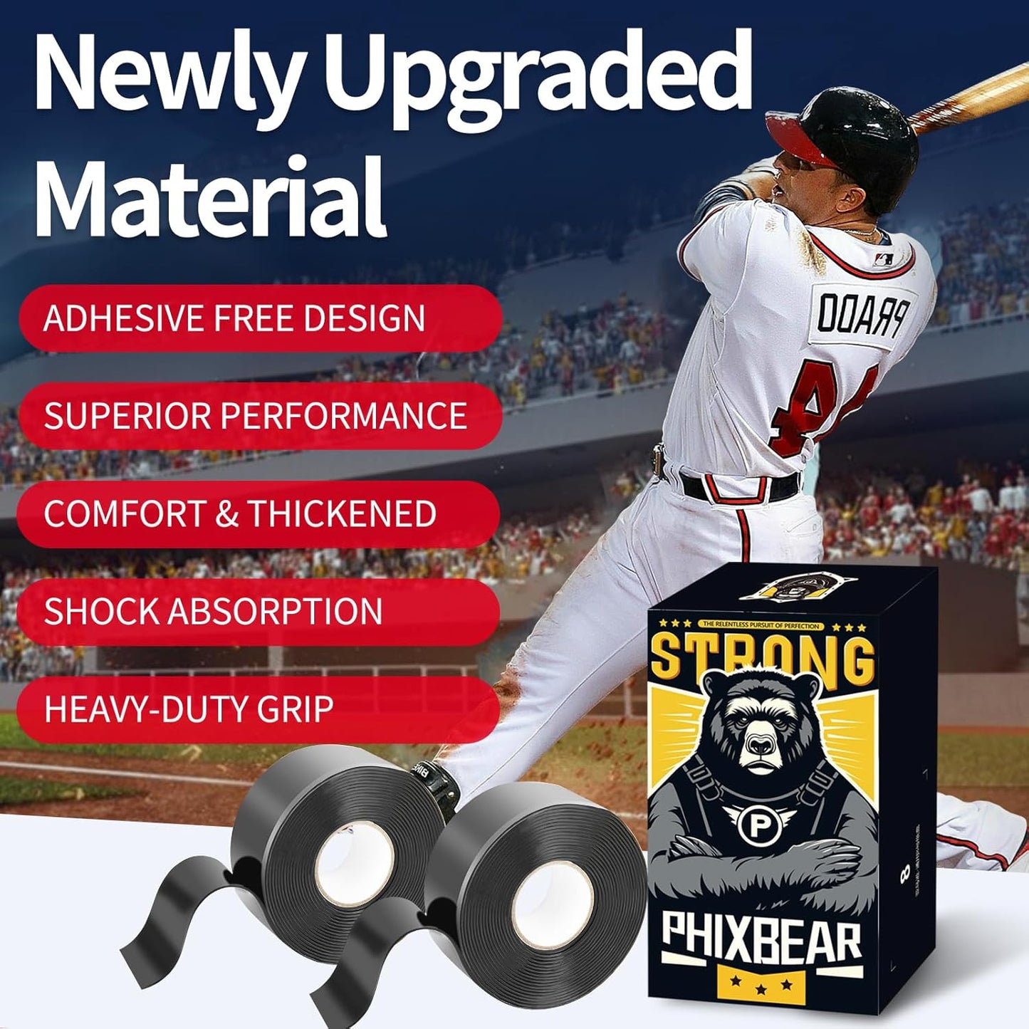 PHIXBEAR Baseball Bat Grip Tape - 1.1mm Self-Fusing Silicone for Enhanced Traction & Shock Absorption
