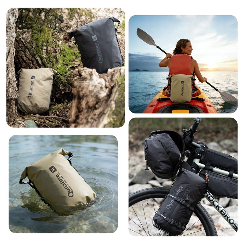 QUNATURE Bike Front Fork Bag Waterproof 3L/6L/12L, Ultralight with Side Zipper & Quick-Compress Roll System, Fully-Taped TPU Nylon, Mount on Fork/Handlebar/Rack for MTB Road Bike, Black Medium