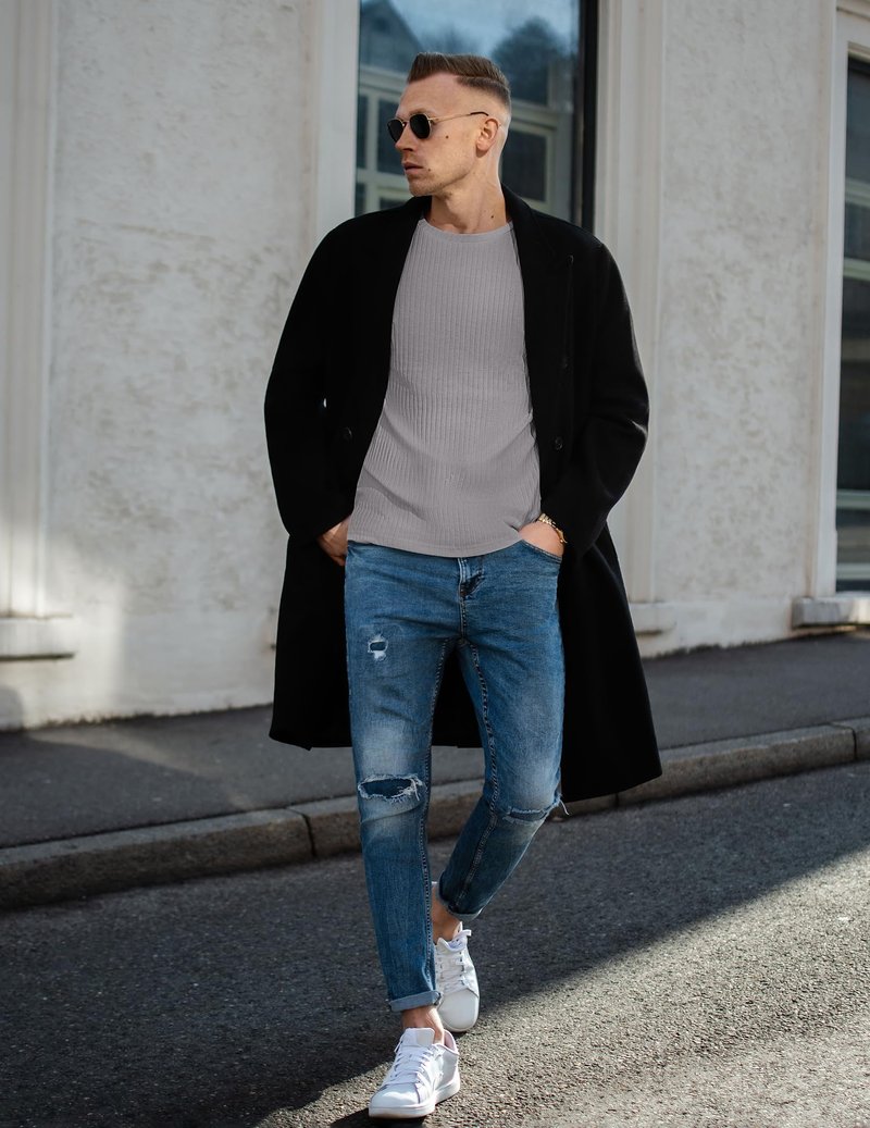 Ekouaer Men's Long Sleeve Shirts Ribbed Pullover Sweater Sim Fit Thermal Tops Crew Neck Stretchy Undershirts Light Grey L