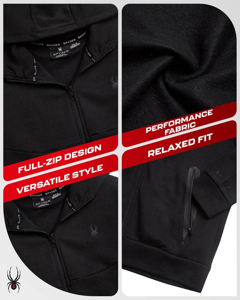 Spyder Mens Zip Up Hoodie - Super Soft Performance Fleece Sweatshirts for Men - Warm Athletic Hoodies for Running Walking Gym, Size X-Large, Black Ink
